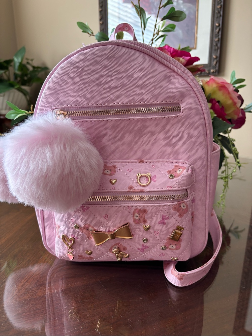 Under One Sky Light Pink Mini Backpack with Faux Fur Pom Pom and Gold Accents